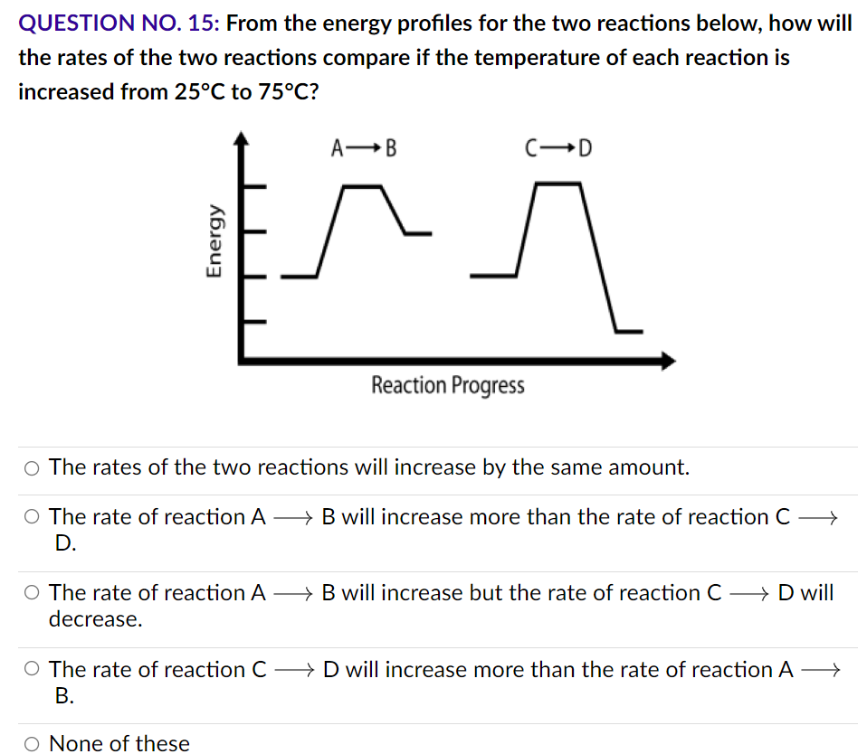 QUESTION NO. 15: From the energy profiles for the two reactions below, how will
the rates of the two reactions compare if the temperature of each reaction is
increased from 25°C to 75°C?
Energy
A-B
C-D
O None of these
Reaction Progress
O The rates of the two reactions will increase by the same amount.
→
O The rate of reaction A B will increase more than the rate of reaction C →→→→
D.
→
O The rate of reaction A - B will increase but the rate of reaction CD will
decrease.
O The rate of reaction CD will increase more than the rate of reaction A→→→→→→→→
B.