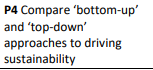 P4 Compare 'bottom-up
and 'top-down'
approaches to driving
sustainability
