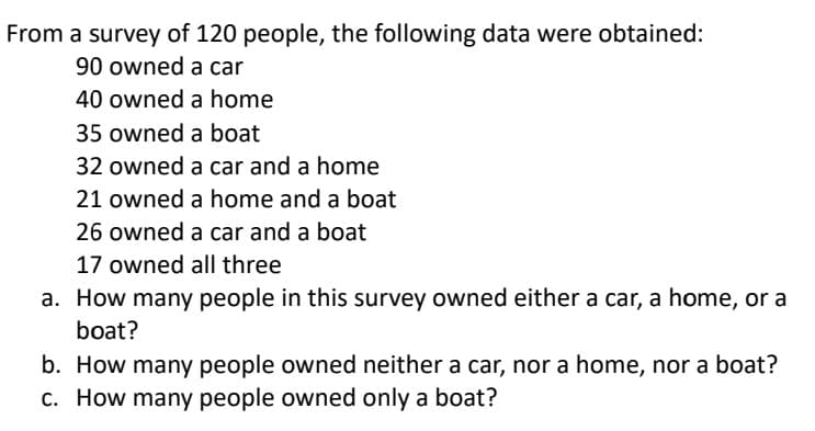 From a survey of 120 people, the following data were obtained:
90 owned a car
40 owned a home
35 owned a boat
32 owned a car and a home
21 owned a home and a boat
26 owned a car and a boat
17 owned all three
a. How many people in this survey owned either a car, a home, or a
boat?
b. How many people owned neither a car, nor a home, nor a boat?
c. How many people owned only a boat?