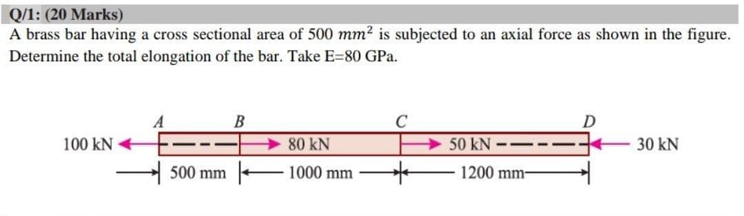Q/1: (20 Marks)
A brass bar having a cross sectional area of 500 mm2 is subjected to an axial force as shown in the figure.
Determine the total elongation of the bar. Take E=80 GPa.
В
100 kN
80 kN
50 kN -
30 kN
500 mm
1000 mm
1200 mm-
