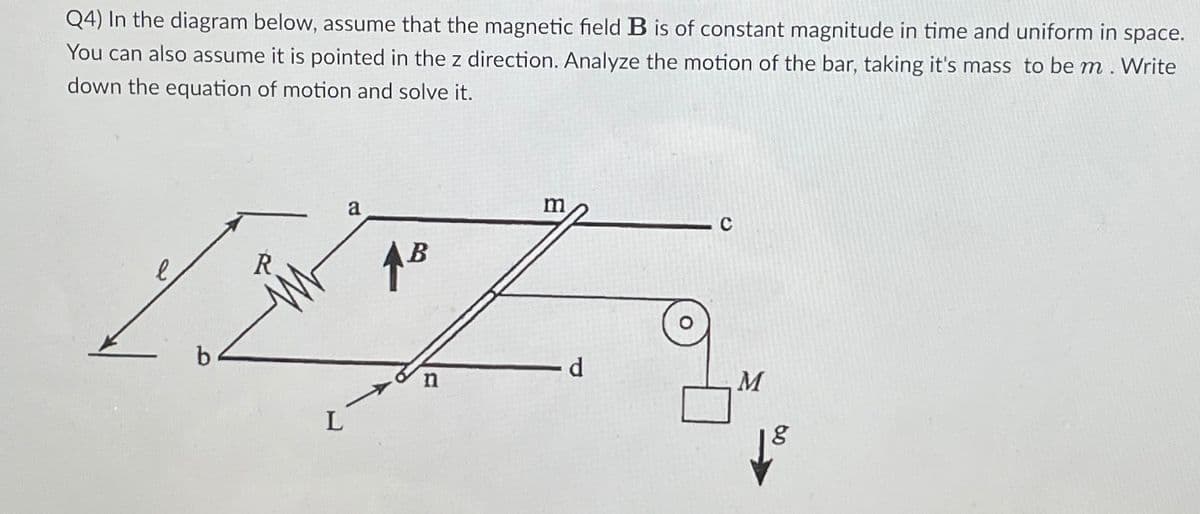 Q4) In the diagram below, assume that the magnetic field B is of constant magnitude in time and uniform in space.
You can also assume it is pointed in the z direction. Analyze the motion of the bar, taking it's mass to be m. Write
down the equation of motion and solve it.
R
a
AB
b
L
n
m
C
d
M