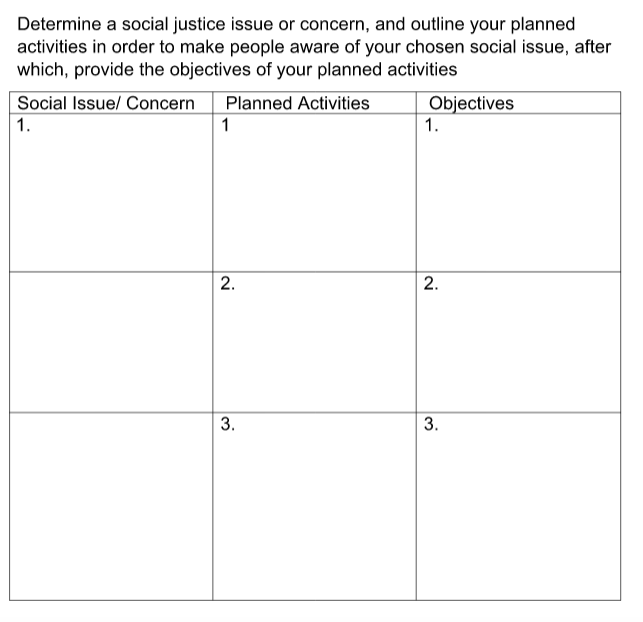Determine a social justice issue or concern, and outline your planned
activities in order to make people aware of your chosen social issue, after
which, provide the objectives of your planned activities
Social Issue/ Concern
Planned Activities
1
Objectives
1.
1.
2.
2.
3.
3.
