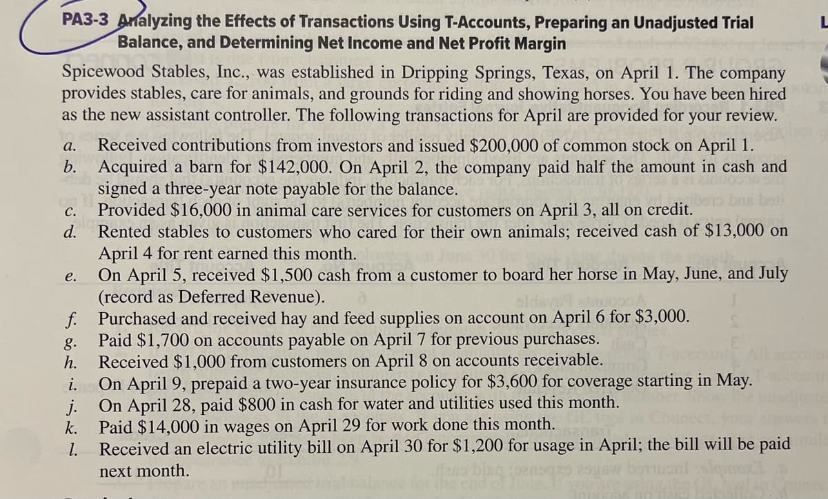 PA3-3 Analyzing the Effects of Transactions Using T-Accounts, Preparing an Unadjusted Trial
Balance, and Determining Net Income and Net Profit Margin
Spicewood Stables, Inc., was established in Dripping Springs, Texas, on April 1. The company
provides stables, care for animals, and grounds for riding and showing horses. You have been hired
as the new assistant controller. The following transactions for April are provided for your review.
a. Received contributions from investors and issued $200,000 of common stock on April 1.
b. Acquired a barn for $142,000. On April 2, the company paid half the amount in cash and
signed a three-year note payable for the balance.
Provided $16,000 in animal care services for customers on April 3, all on credit. bus beli
Rented stables to customers who cared for their own animals; received cash of $13,000 on
April 4 for rent earned this month.
On April 5, received $1,500 cash from a customer to board her horse in May, June, and July
(record as Deferred Revenue).
f. Purchased and received hay and feed supplies on account on April 6 for $3,000.
Paid $1,700 on accounts payable on April 7 for previous purchases.
Received $1,000 from customers on April 8 on accounts receivable.
C.
d.
e.
g.
h.
i.
j.
k.
1.
On April 9, prepaid a two-year insurance policy for $3,600 for coverage starting in May.
On April 28, paid $800 in cash for water and utilities used this month.
Paid $14,000 in wages on April 29 for work done this month.
Received an electric utility bill on April 30 for $1,200 for usage in April; the bill will be paid mila
next month.
ress bing 1920
gaw ban