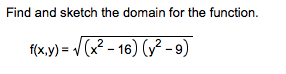 Find and sketch the domain for the function.
f(x.y) = / (x² - 16) (y² -9)
2
