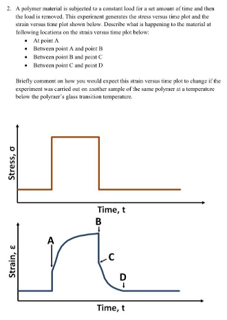2. A polymer muterial is subjected to a constant load for a set amount of time and then
the load is removed. This experiment generates the stress versas time plot and the
strain versus time plot shown below. Describe what is happening to the material at
following locations on the strain versus time plot below:
• At point A
• Between point A and point B
• Between point B and peint C
• Between point C and peint D
Briefly comment on how you would expect this strain versus time plot to change if the
experiment was carried out en anather sample of the same polymer at a temperature
below the polyrmer's glass transition temperature.
Time, t
в
A
D
Time, t
Strain, ɛ
Stress, o

