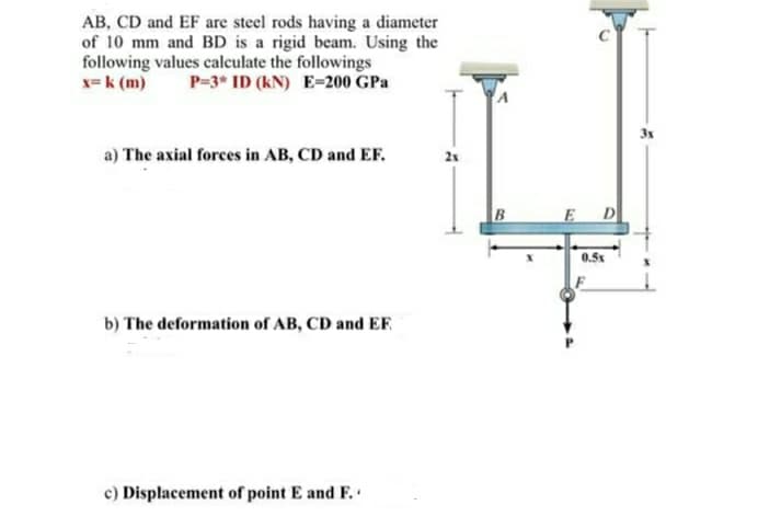 AB, CD and EF are steel rods having a diameter
of 10 mm and BD is a rigid beam. Using the
following values calculate the followings
x=k (m)
P=3* ID (kN) E=200 GPa
3x
a) The axial forces in AB, CD and EF.
2x
B
D
0.5x
b) The deformation of AB, CD and EF.
c) Displacement of point E and F.
