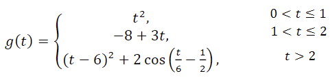 t2,
0 <t<1
-8 + 3t,
1<ts 2
g(t)
(t – 6)² + 2 cos (-;),
t > 2
