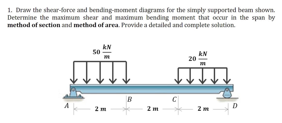 1. Draw the shear-force and bending-moment diagrams for the simply supported beam shown.
Determine the maximum shear and maximum bending moment that occur in the span by
method of section and method of area. Provide a detailed and complete solution.
kN
50
kN
20
m
m
В
А
D
2 т
2 т
2 т
