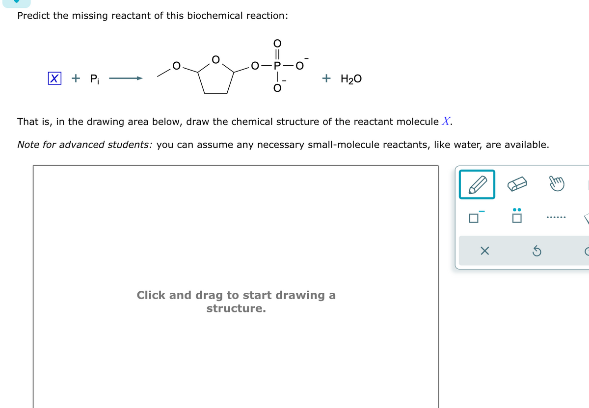 Predict the missing reactant of this biochemical reaction:
X + Pi
P-O
+ H₂O
That is, in the drawing area below, draw the chemical structure of the reactant molecule X.
Note for advanced students: you can assume any necessary small-molecule reactants, like water, are available.
Click and drag to start drawing a
structure.
X
:0
Ś