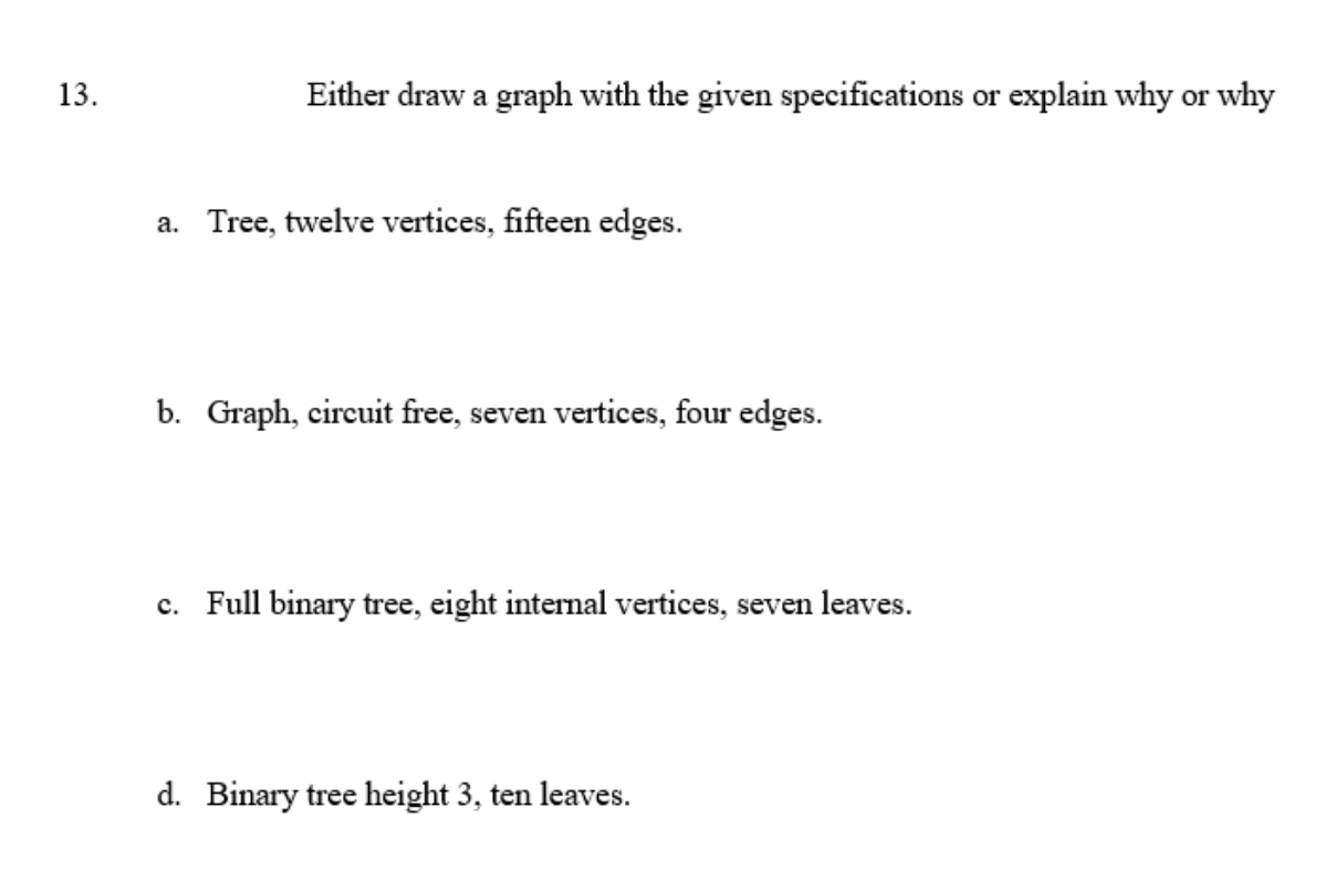 13.
Either draw a graph with the given specifications or explain why or why
a. Tree, twelve vertices, fifteen edges.
b. Graph, circuit free, seven vertices, four edges.
c. Full binary tree, eight internal vertices, seven leaves.
d. Binary tree height 3, ten leaves.
