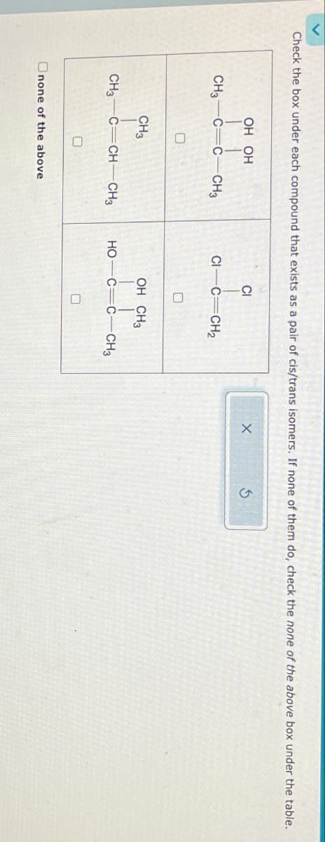 Check the box under each compound that exists as a pair of cis/trans isomers. If none of them do, check the none of the above box under the table.
OH OH
CI
CH3 C C-CH3
CI-C=CH2
CH₂
OH CH
CH3 C=CH-CH3
HO-C=C CH3
Onone of the above
5