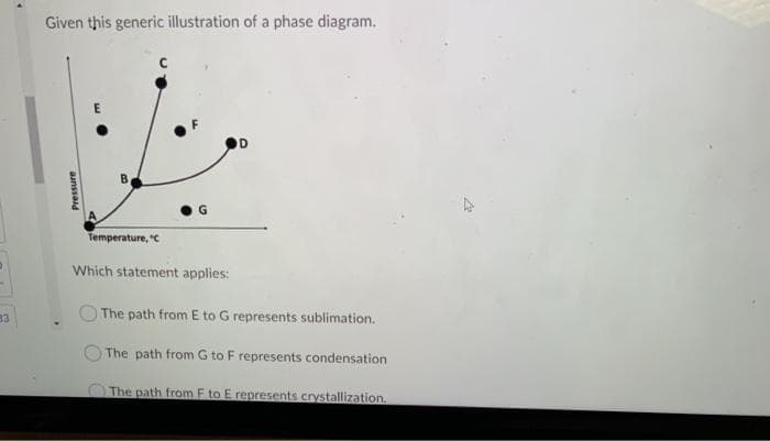 33
Given this generic illustration of a phase diagram.
Pressure
E
B
Temperature, "C
G
Which statement applies:
D
The path from E to G represents sublimation.
The path from G to F represents condensation
The path from F to E represents crystallization.