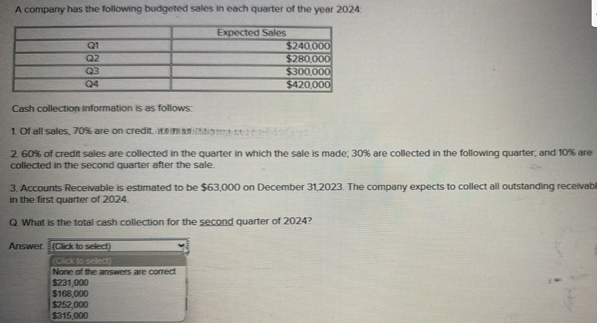 A company has the following budgeted sales in each quarter of the year 2024:
Expected Sales
Q1
Q2
Q3
Q4
Cash collection information is as follows:
$240,000
$280,000
$300,000
$420,000
1. Of all sales, 70% are on credit
REMBRA
2. 60% of credit sales are collected in the quarter in which the sale is made; 30% are collected in the following quarter, and 10% are
collected in the second quarter after the sale.
3. Accounts Receivable is estimated to be $63,000 on December 31,2023. The company expects to collect all outstanding receivabl
in the first quarter of 2024.
Q. What is the total cash collection for the second quarter of 2024?
Answer. (Click to select)
(Click to select)
None of the answers are correct
$231,000
$168,000
$252,000
$315,000