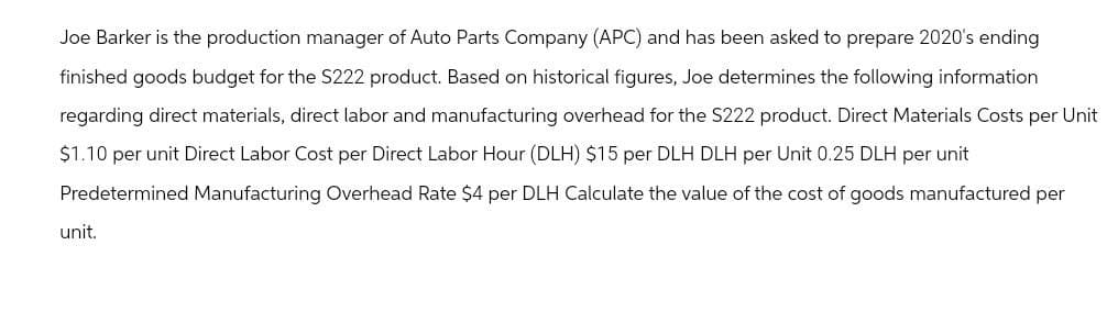 Joe Barker is the production manager of Auto Parts Company (APC) and has been asked to prepare 2020's ending
finished goods budget for the S222 product. Based on historical figures, Joe determines the following information
regarding direct materials, direct labor and manufacturing overhead for the S222 product. Direct Materials Costs per Unit
$1.10 per unit Direct Labor Cost per Direct Labor Hour (DLH) $15 per DLH DLH per Unit 0.25 DLH per unit
Predetermined Manufacturing Overhead Rate $4 per DLH Calculate the value of the cost of goods manufactured per
unit.