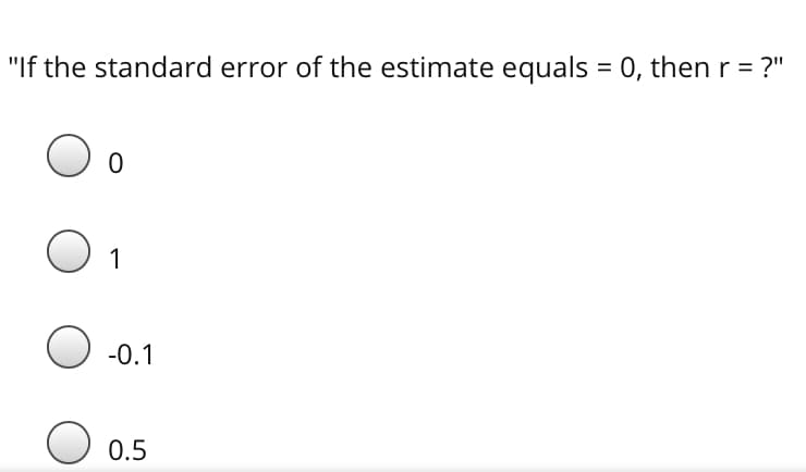 "If the standard error of the estimate equals = 0, then r = ?"
%3D
1
-0.1
0.5
