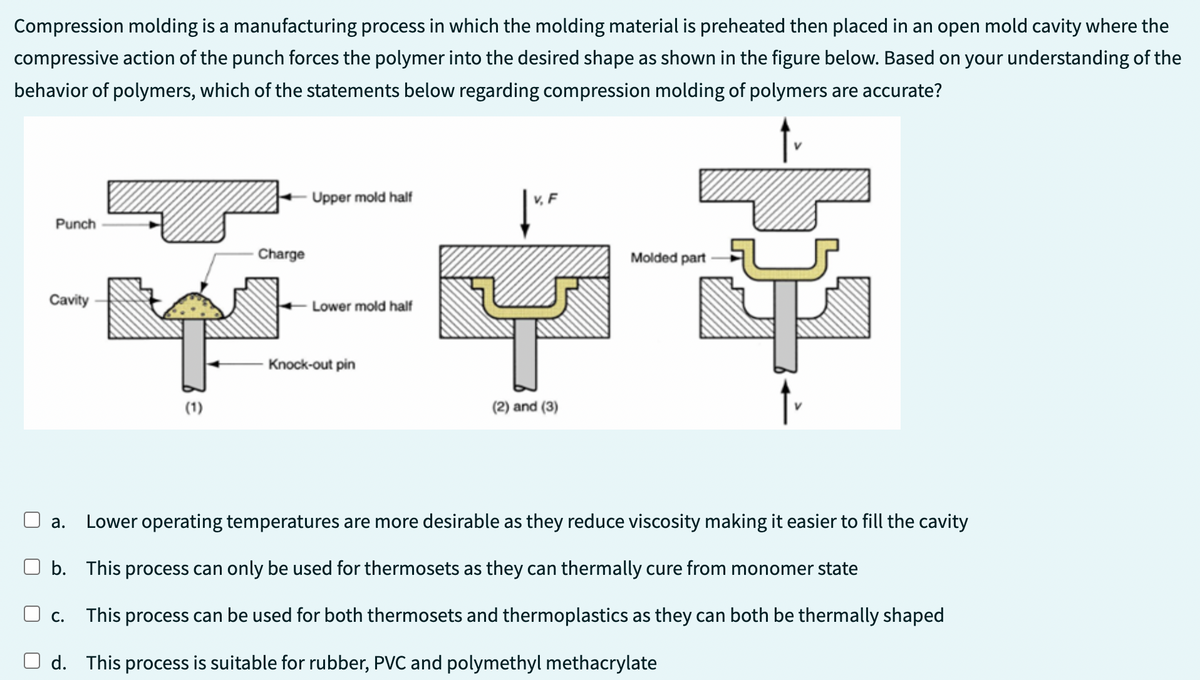 Compression molding is a manufacturing process in which the molding material is preheated then placed in an open mold cavity where the
compressive action of the punch forces the polymer into the desired shape as shown in the figure below. Based on your understanding of the
behavior of polymers, which of the statements below regarding compression molding of polymers are accurate?
Punch
Cavity
C.
-Upper mold half
Charge
41
(1)
-Lower mold half
Knock-out pin
V, F
|x.F
(2) and (3)
Molded part
a. Lower operating temperatures are more desirable as they reduce viscosity making it easier to fill the cavity
b. This process can only be used for thermosets as they can thermally cure from monomer state
This process can be used for both thermosets and thermoplastics as they can both be thermally shaped
d. This process is suitable for rubber, PVC and polymethyl methacrylate