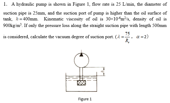1. A hydraulic pump is shown in Figure 1, flow rate is 25 L/min, the diameter of
suction pipe is 25mm, and the suction port of pump is higher than the oil surface of
tank, h= 400mm. Kinematic viscosity of oil is 30x10-6m²/s, density of oil is
900kg/m³. If only the pressure loss along the straight suction pipe with length 500mm
75
is considered, calculate the vacuum degree of suction port. (2 =
R,
a =2)
Figure 1
