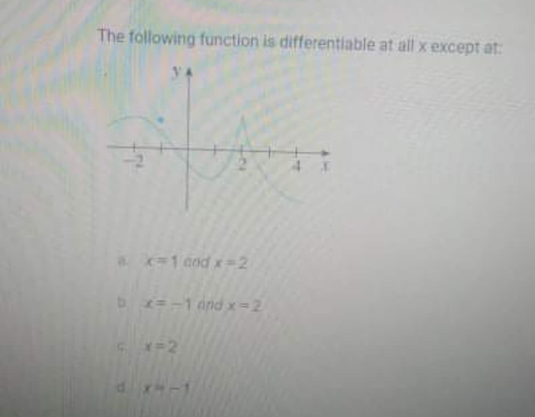 The following function is differentiable at all x except at:
a-1 cod x=2
D=-1 and x = 2
12
