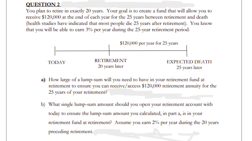 QUESTION 2
You plan to retire in exactly 20 years. Your goal is to create a fund that will allow you to
receive $120,000 at the end of each year for the 25 years between retirement and death
(health studies have indicated that most people die 25 years after retirement). You know
that you will be able to earn 3% per year during the 25-year retirement period.
$120,000 per year for 25 years
TODAY
RETIREMENT
20 years later
EXPECTED DEATH
25 years later
a) How large of a lump-sum will you need to have in your retirement fund at
retirement to ensure you can receive/access $120,000 retirement annuity for the
25 years of your retirement?
b) What single lump-sum amount should you open your retirement account with
today to ensure the lump-sum amount you calculated, in part a, is in your
retirement fund at retirement? Assume you earn 2% per year during the 20 years
preceding retirement.
