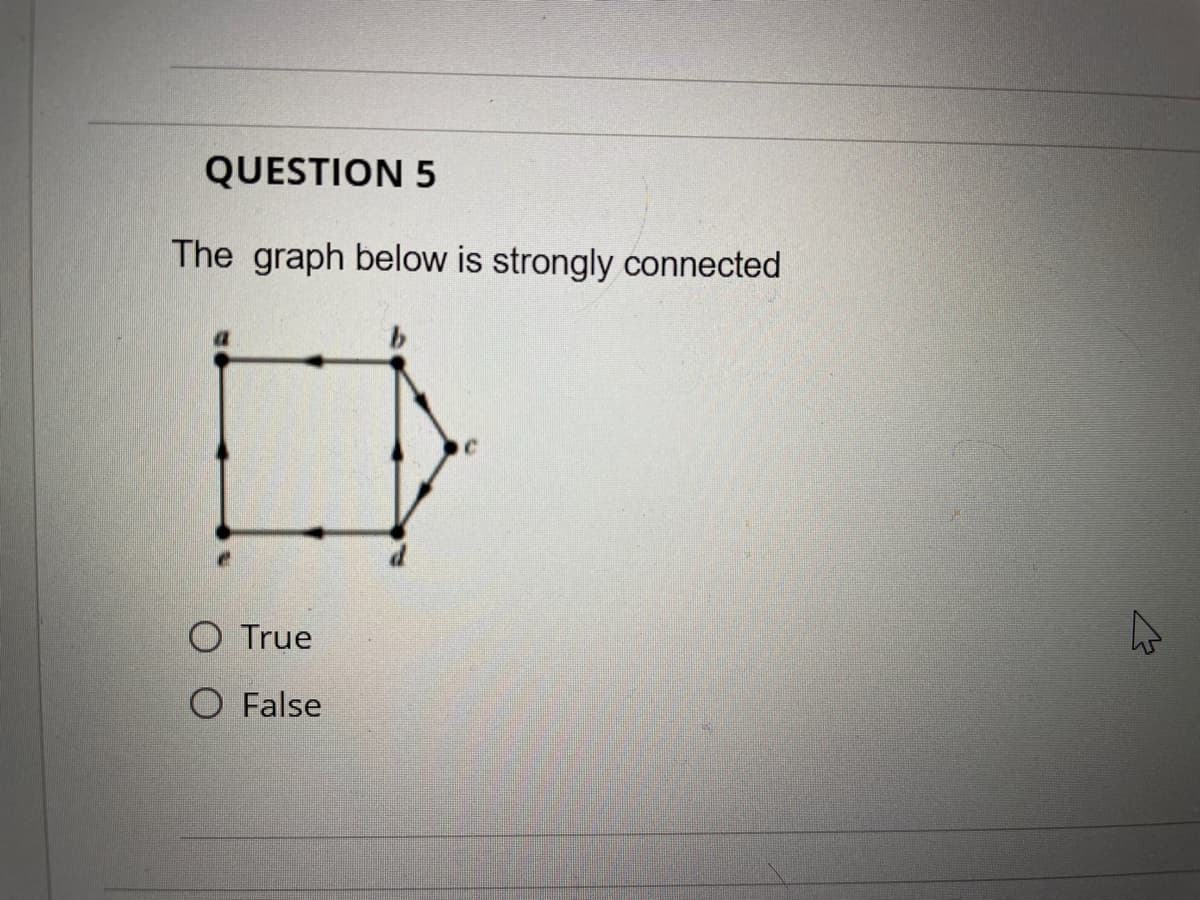 QUESTION 5
The graph below is strongly connected
O True
O False

