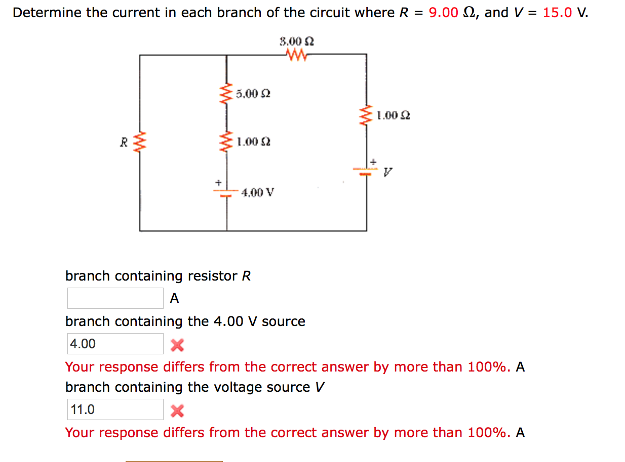 Determine the current in each branch of the circuit where R = 9.00 N, and V = 15.0 V.
3.00 2
5.00 2
1.00 2
1.00 2
4,00 V
branch containing resistor R
branch containing the 4.00 V source
4.00
Your response differs from the correct answer by more than 100%. A
branch containing the voltage source V
11.0
Your response differs from the correct answer by more than 100%. A
