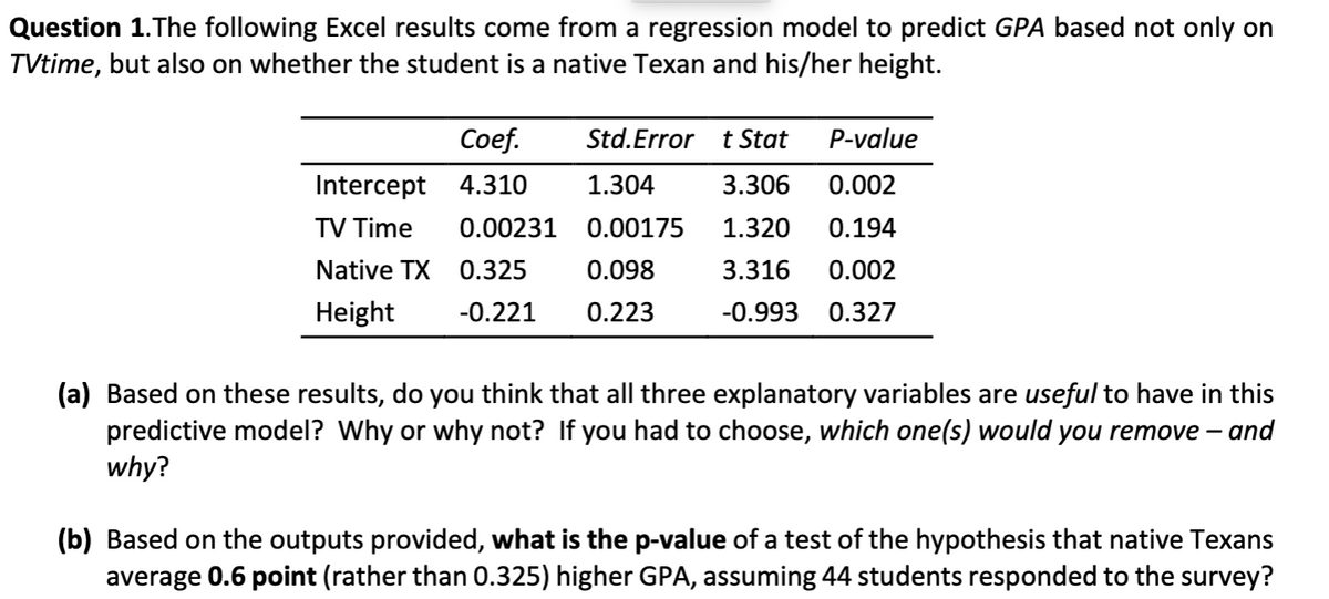 Question 1. The following Excel results come from a regression model to predict GPA based not only on
TVtime, but also on whether the student is a native Texan and his/her height.
Coef.
Intercept 4.310
TV Time
Std.Error t Stat
1.304
0.00231
0.00175
Native TX
0.325
0.098
Height -0.221 0.223
P-value
3.306 0.002
1.320 0.194
3.316 0.002
-0.993 0.327
(a) Based on these results, do you think that all three explanatory variables are useful to have in this
predictive model? Why or why not? If you had to choose, which one(s) would you remove - and
why?
(b) Based on the outputs provided, what is the p-value of a test of the hypothesis that native Texans
average 0.6 point (rather than 0.325) higher GPA, assuming 44 students responded to the survey?