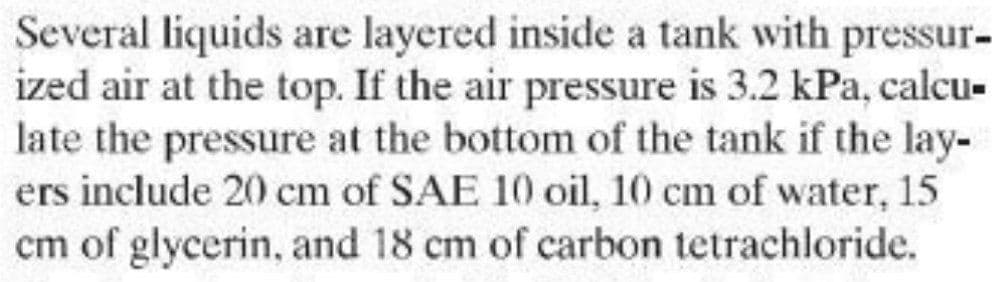 Several liquids are layered inside a tank with pressur-
ized air at the top. If the air pressure is 3.2 kPa, calcu-
late the pressure at the bottom of the tank if the lay-
ers include 20 cm of SAE 10 oil, 10 cm of water, 15
cm of glycerin, and 18 cm of carbon tetrachloride.
