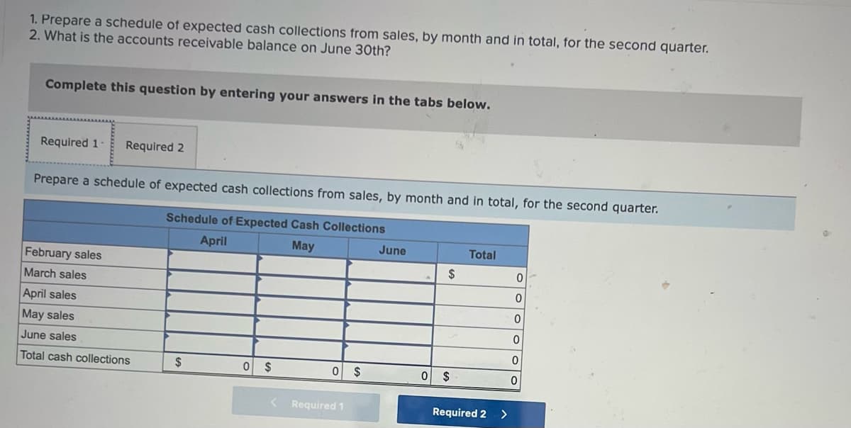 1. Prepare a schedule of expected cash collections from sales, by month and in total, for the second quarter.
2. What is the accounts receivable balance on June 30th?
Complete this question by entering your answers in the tabs below.
Required 1.
Required 2
Prepare a schedule of expected cash collections from sales, by month and in total, for the second quarter.
Schedule of Expected Cash Collections
April
May
June
Total
February sales
$
March sales
April sales
May sales
June sales
Total cash collections
2$
0 $
$
0 $
Required 1
Required 2 >
