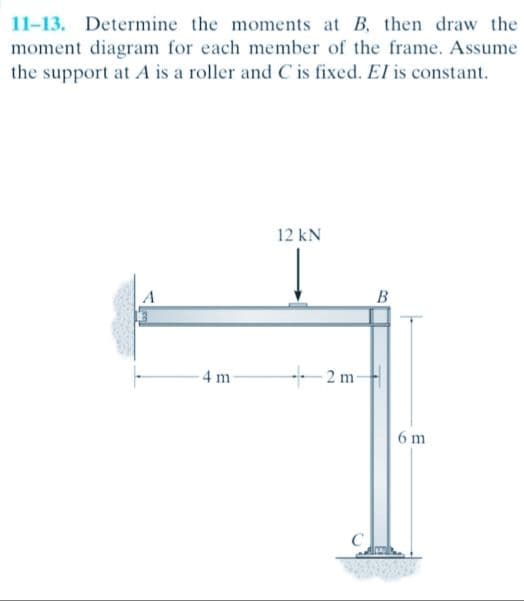 11-13. Determine the moments at B, then draw the
moment diagram for each member of the frame. Assume
the support at A is a roller and C is fixed. El is constant.
4 m
12 kN
42 m-
B
6 m