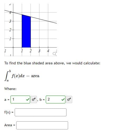 *+
3
2-
1
نها
1
12 3
To find the blue shaded area above, we would calculate:
S.
[ f(x)dr = area
Where:
a = 1
f(x) =
Area =
0,b= 2