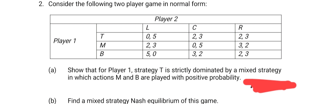 2. Consider the following two player game in normal form:
Player 2
R
0, 5
2, 3
2, 3
Player 1
M
2, 3
0, 5
3, 2
B
5,0
3, 2
2, 3
(a)
Show that for Player 1, strategy T is strictly dominated by a mixed strategy
in which actions M and B are played with positive probability.
(b)
Find a mixed strategy Nash equilibrium of this game.
352
