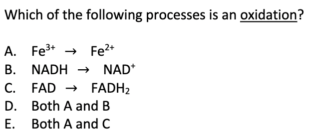 Which of the following processes is an oxidation?
Fe³+→ Fe²+
NADH → NAD+
A.
B.
C. FAD
D.
E.
FADH₂
Both A and B
Both A and C