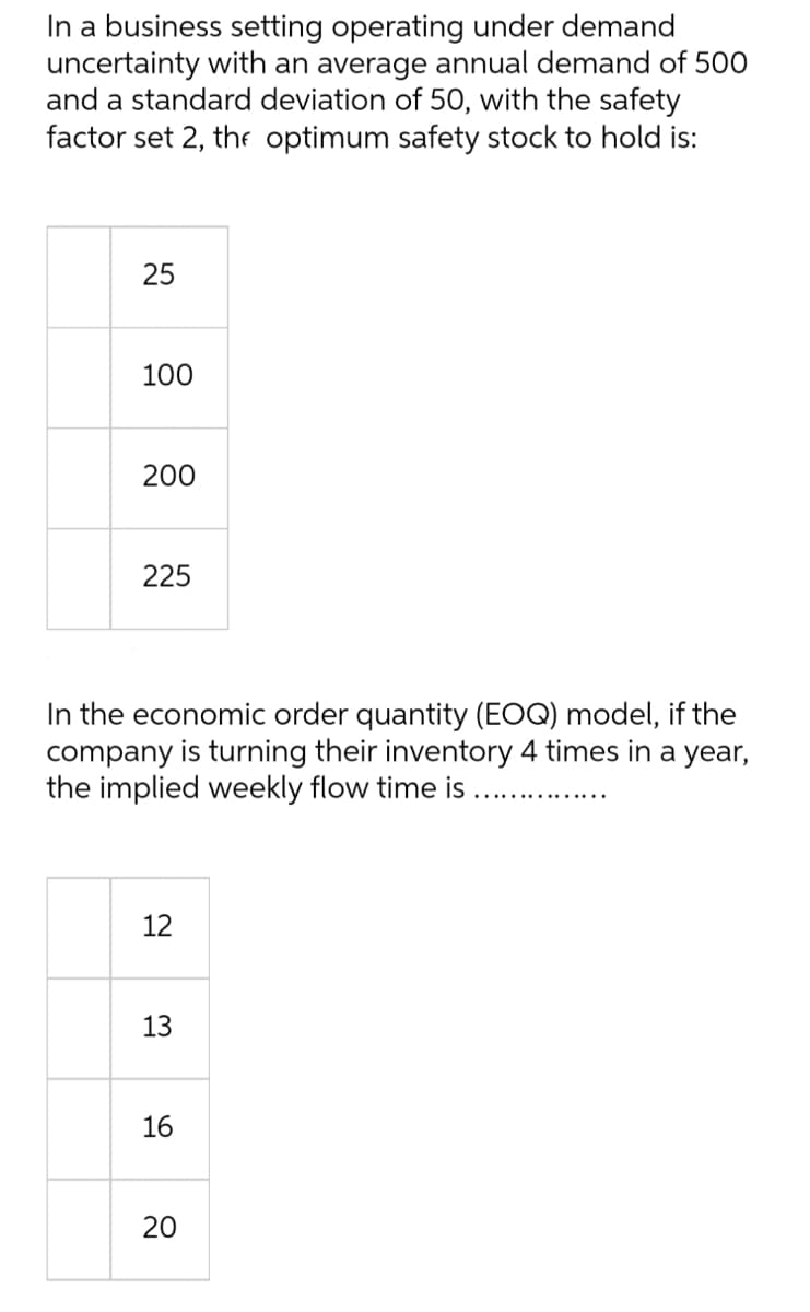 In a business setting operating under demand
uncertainty with an average annual demand of 500
and a standard deviation of 50, with the safety
factor set 2, the optimum safety stock to hold is:
25
100
200
225
In the economic order quantity (EOQ) model, if the
company is turning their inventory 4 times in a year,
the implied weekly flow time is
12
13
16
20
