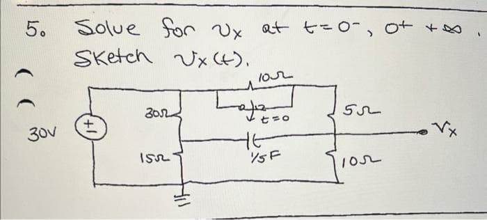 5.
))
30V
Solve for Ux at t=
Sketch Ux (t).
(+1)
2012
155
√x at t=0, of
10r
Top
ㅓ
½5F
55
1052