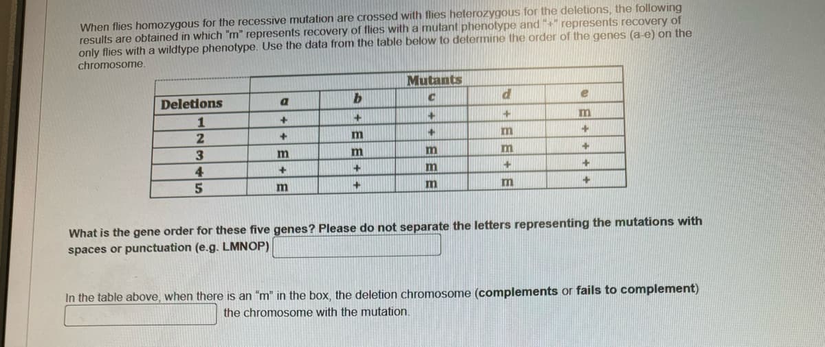 When flies homozygous for the recessive mutation are crossed with flies heterozygous for the deletions, the following
results are obtained in which "m" represents recovery of flies with a mutant phenotype and "+" represents recovery of
only flies with a wildtype phenotype. Use the data from the table below to determine the order of the genes (a-e) on the
chromosome.
Deletions
a
b
Mutants
C
1
+
+
+
m
2
+
m
+
m
+
3
m
m
m
m
4
+
+
m
+
5
m
+
m
m
+
What is the gene order for these five genes? Please do not separate the letters representing the mutations with
spaces or punctuation (e.g. LMNOP)
In the table above, when there is an "m" in the box, the deletion chromosome (complements or fails to complement)
the chromosome with the mutation.