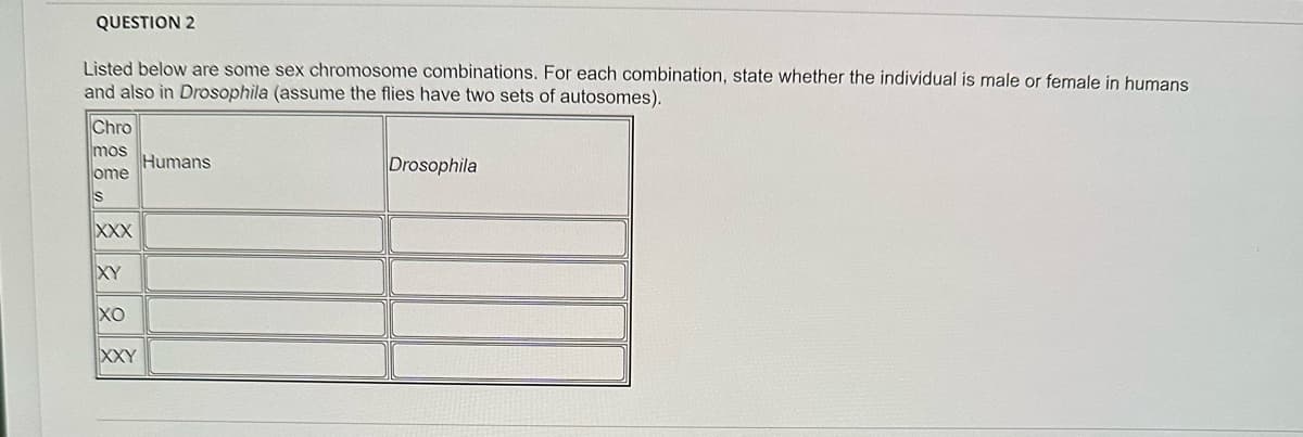 QUESTION 2
Listed below are some sex chromosome combinations. For each combination, state whether the individual is male or female in humans
and also in Drosophila (assume the flies have two sets of autosomes).
Chro
mos
ome
S
XXX
XY
XO
XXY
Humans
Drosophila