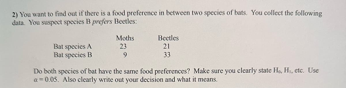 2) You want to find out if there is a food preference in between two species of bats. You collect the following
data. You suspect species B prefers Beetles:
Bat species A
Bat species B
Moths
23
9
Beetles
21
33
Do both species of bat have the same food preferences? Make sure you clearly state Ho, H₁, etc. Use
a = 0.05. Also clearly write out your decision and what it means.