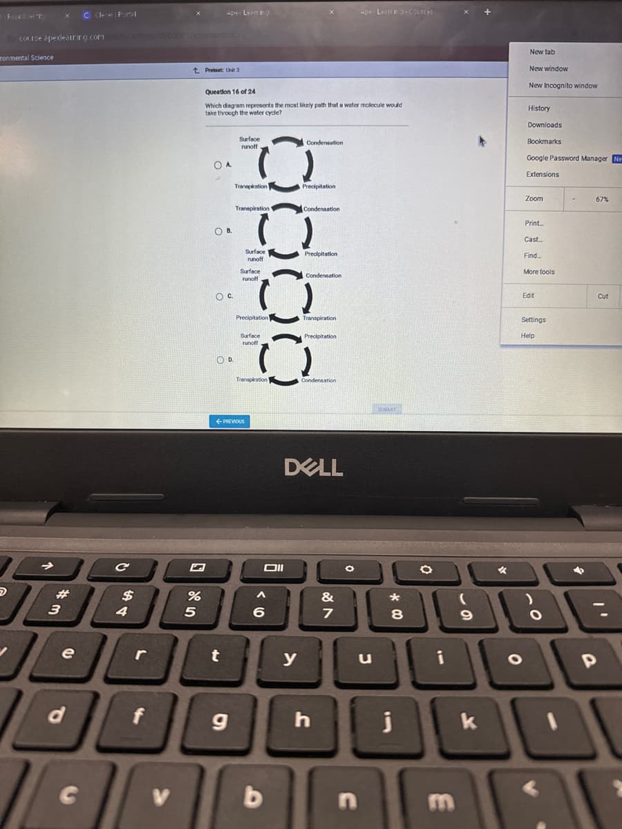 ronmental Science
#
course apexlearning.com public activity/3000001/assessment
3
C Clever Portal
.
C
$
4
*
f
e
- | • |[
2⁰
t Protest: Unit 3
%
5
Ape Lestring
queatlon 16 of 24
Which diagram represents the most likely path that a water molecule would
take through the water cycle?
N]
OB.
O c.
OD.
t
Surface
runoff
9
Transpiration
Transpiration
Surface
runoff
Surface
runoff
Precipitation
Surface
runoff
PREVIOUS
Transpiration
]
6
b
"
Condensation
x
Precipitation
Condensation
Precipitation
Condensation.
Transpiration
Precipitation
Condensation
DELL
h
&
7
Ape Leaming-courses
O
u
*
8
j
O
1
E
(
9
k
*
New tab
New window
New Incognito window
。
History
Downloads
Bookmarks
Google Password Manager Ne-
Extensions
Zoom
Print....
Cast....
Find...
More tools
Edit
Settings
Help
。
o
67%
Cut