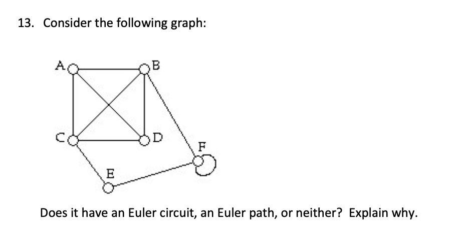 13. Consider the following graph:
B
F
E
Does it have an Euler circuit, an Euler path, or neither? Explain why.
