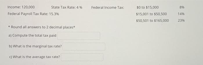 Income: 120,000
Federal Payroll Tax Rate: 15.3%
State Tax Rate: 4 %
*Round all answers to 2 decimal places*
a) Compute the total tax paid
b) What is the marginal tax rate?
c) What is the average tax rate?
Federal Income Tax:
$0 to $15,000
$15,001 to $50,500
$50,501 to $165,000
8%
14%
23%