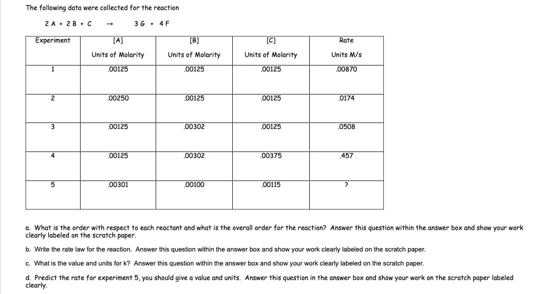 The following data were collected for the reaction
2A + 2B + C
3G+ 4 F
Experiment
2
3
4
5
[A]
Units of Molarity
.00125
.00250
.00125
.00125
.00301
[B]
Units of Molarity
00125
.00125
00302
00302
.00100
[C]
Units of Molarity
00125
.00125
.00125
00375
.00115
Rate
Units M/s
00870
.0174
.0508
.457
a. What is the order with respect to each reactant and what is the overall order for the reaction? Answer this question within the answer box and show your work
clearly labeled on the scratch paper.
b. Write the rate law for the reaction. Answer this question within the answer box and show your work clearly labeled on the scratch paper.
c. What is the value and units for k? Answer this question within the answer box and show your work clearly labeled on the scratch paper.
d. Predict the rate for experiment 5, you should give a value and units. Answer this question in the answer box and show your work on the scratch paper labeled
clearly.