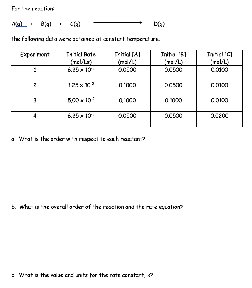 For the reaction:
A(g) + B(g) + C(g)
the following data were obtained at constant temperature.
Experiment
1
2
3
4
Initial Rate
(mol/Ls)
6.25 x 10-³
1.25 x 10-²
5.00 x 10-²
6.25 x 10-3
Initial [A]
(mol/L)
0.0500
0.1000
0.1000
0.0500
a. What is the order with respect to each reactant?
D(g)
c. What is the value and units for the rate constant, k?
Initial [B]
(mol/L)
0.0500
0.0500
0.1000
0.0500
b. What is the overall order of the reaction and the rate equation?
Initial [C]
(mol/L)
0.0100
0.0100
0.0100
0.0200