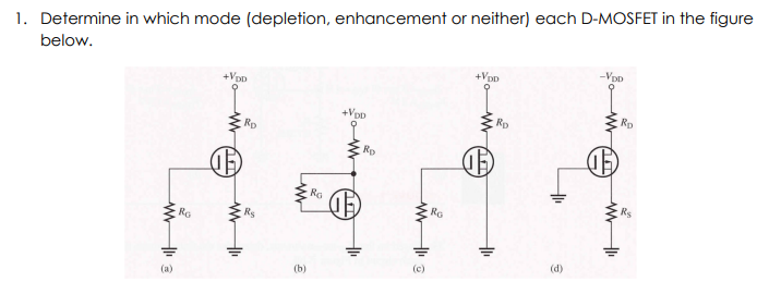 1. Determine in which mode (depletion, enhancement or neither) each D-MOSFET in the figure
below.
-Vpp
+Vpp
+VpD
Rp
+VpD
Rp
Rp
Rp
Rs
Ro
RG
Rs
RG
(d)
(b)
