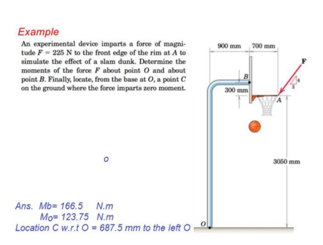 Example
An experimental device imparts a force of magni-
tude F 225 N to the front edge of the rim at A to
simulate the effect of a slam dunk. Determine the
900 mm 700 mm
moments of the force F about point O and about
point B. Finally, locate, from the base at O, a point C
on the ground where the force imparts zero moment.
300 mm
3050 mm
Ans. Mb= 166.5
N.m
Mo= 123.75 N.m
Location C w.r.t O = 687.5 mm to the left O
