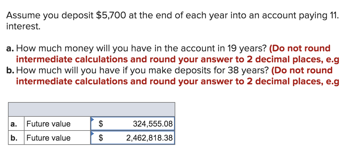Assume you deposit $5,700 at the end of each year into an account paying 11.
interest.
a. How much money will you have in the account in 19 years? (Do not round
intermediate calculations and round your answer to 2 decimal places, e.g
b. How much will you have if you make deposits for 38 years? (Do not round
intermediate calculations and round your answer to 2 decimal places, e.g
а.
Future value
$
324,555.08
b.
Future value
$
2,462,818.38
