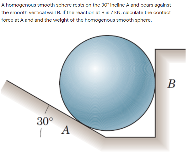 A homogenous smooth sphere rests on the 30° incline A and bears against
the smooth vertical wall B. If the reaction at B is 7 kN, calculate the contact
force at A and and the weight of the homogenous smooth sphere.
B
30°
A
