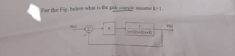 For the Fig. below what is the gain margin assume k=1.
R(s)
1
Y(s)
Σ
K
(s+1)(s+2)(5+3)