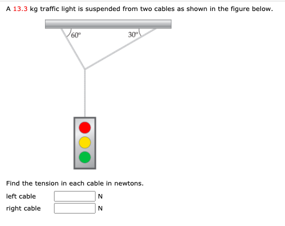 A 13.3 kg traffic light is suspended from two cables as shown in the figure below.
60
30
Find the tension in each cable in newtons.
N
left cable
right cable
N
