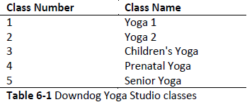 Class Number
Class Name
1
Yoga 1
Yoga 2
Children's Yoga
Prenatal Yoga
Senior Yoga
3
4
Table 6-1 Downdog Yoga Studio classes
