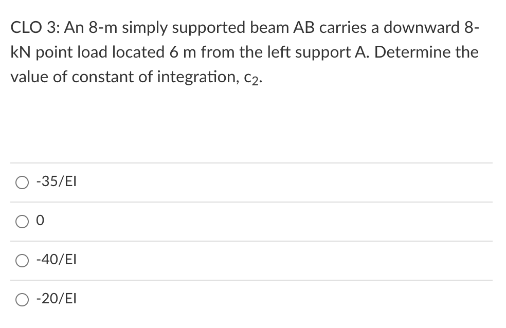 CLO 3: An 8-m simply supported beam AB carries a downward 8-
kN point load located 6 m from the left support A. Determine the
value of constant of integration, c2.
-35/EI
-40/EI
-20/EI
